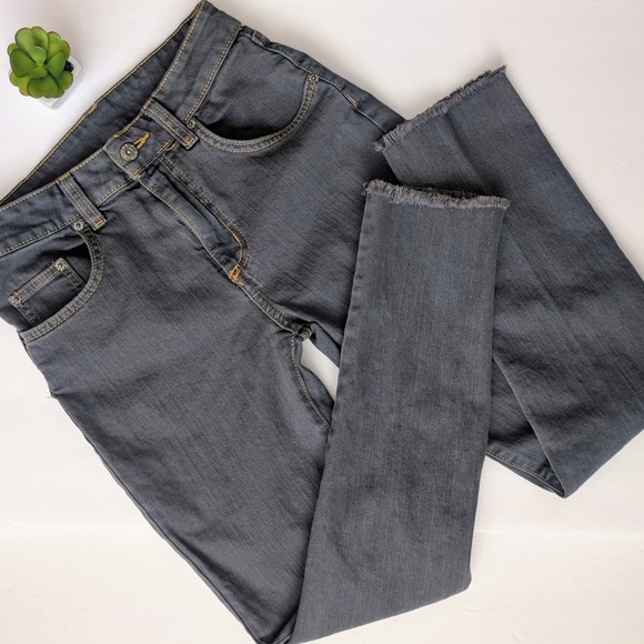 grey raw hem jeans